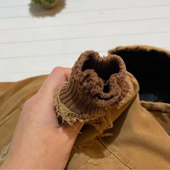 Carhartt Destroyed Distressed Brown Tan Full Zip Hooded Jacket Coat Boy XS‎ - Picture 9 of 14